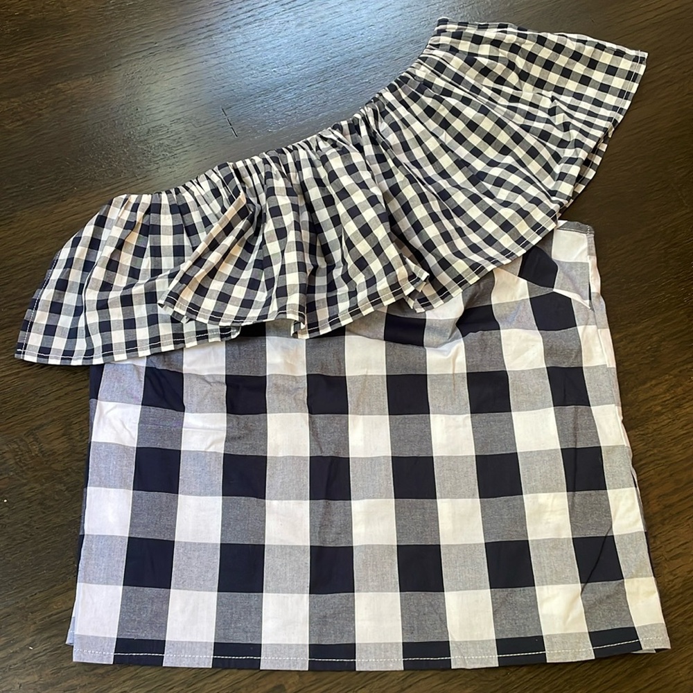 NWT J. Crew size 2 ruffle one shoulder blue and white gingham top